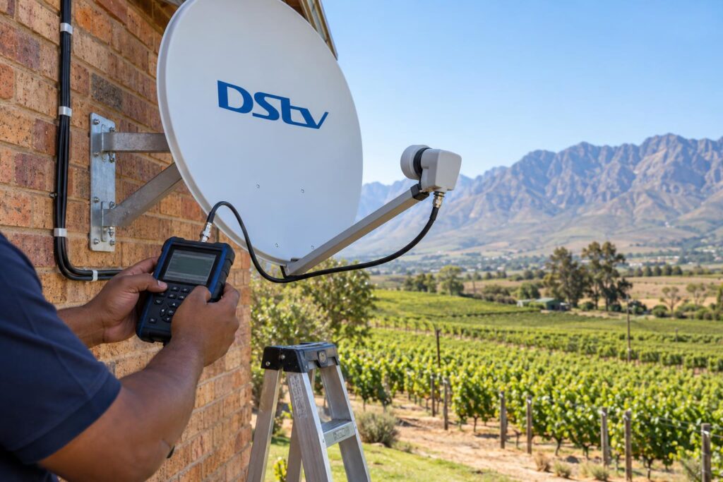Signal test on a valley farm Signal meter check during a DStv installation on a farm near Worcester