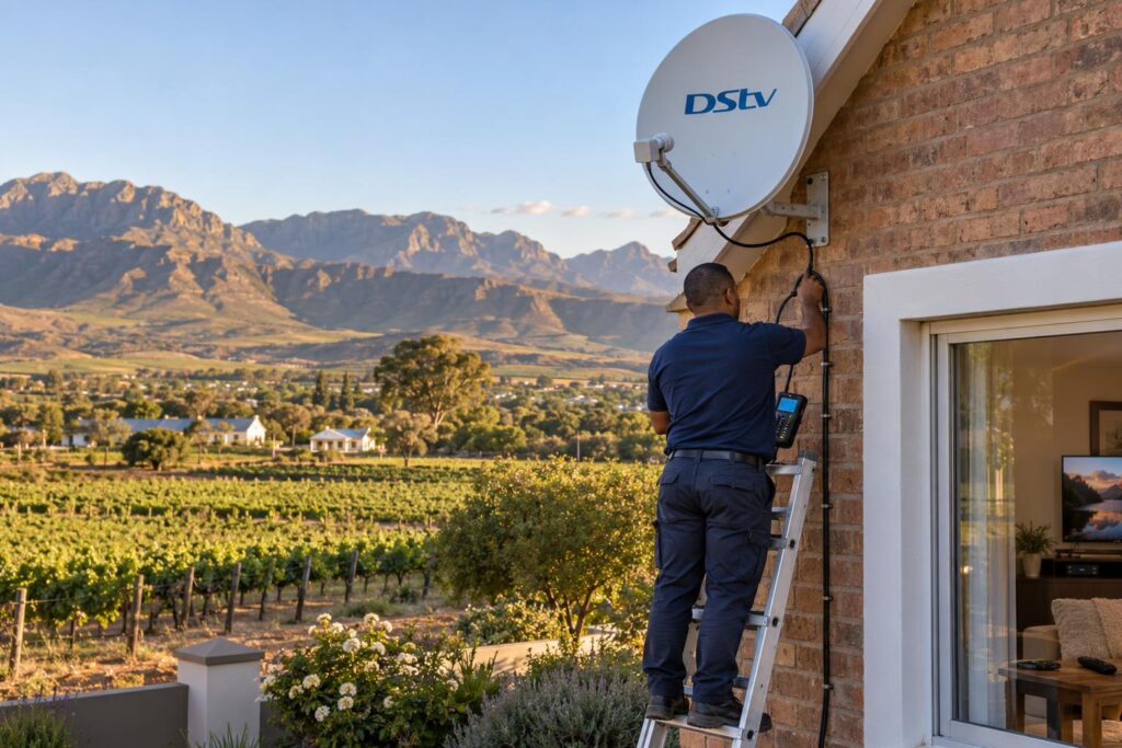 Farmhouse DStv dish DStv dish on a Breede River Valley farmhouse wall near Rawsonville