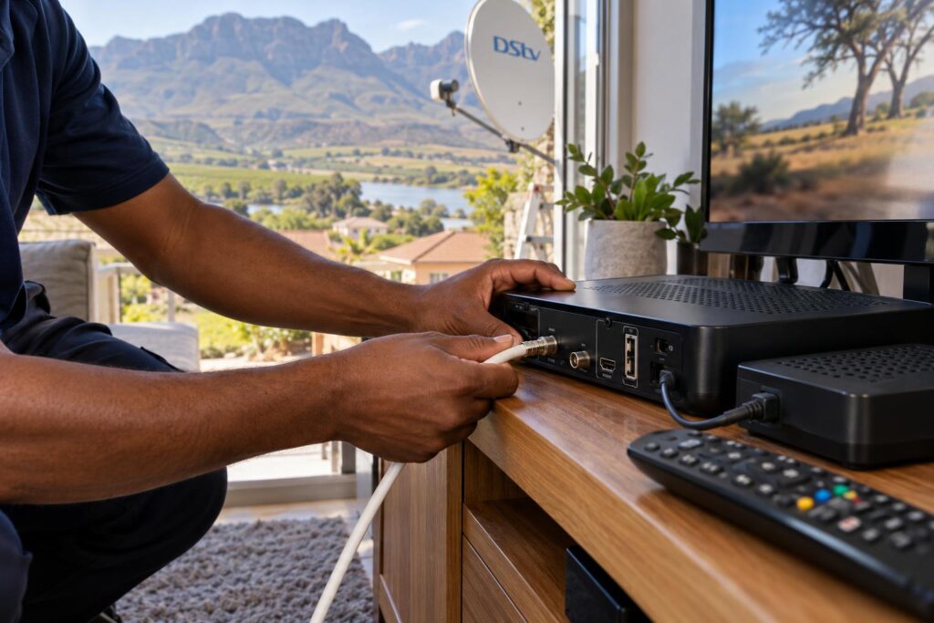 Hands tightening the dish cable before running the DStv installation wizard