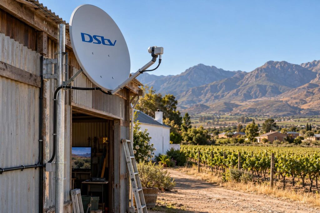 Pole-mounted DStv dish on a Breede River Valley farm near Rawsonville