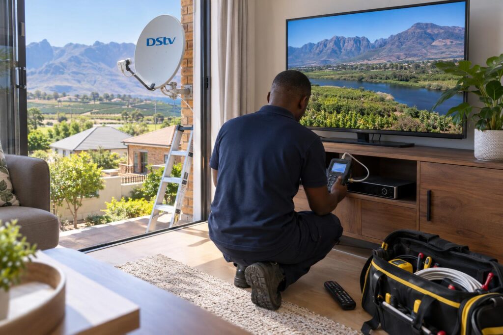 Technician testing a decoder for a DStv remote not working in Worcester