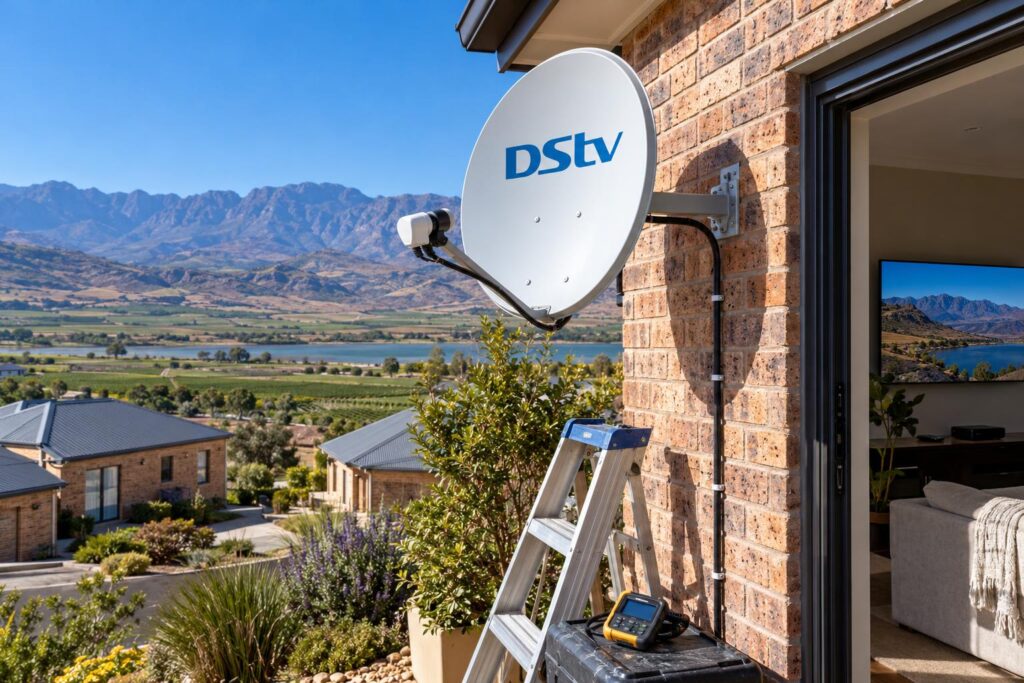 DStv dish on a holiday home wall near Worcester in the Breede River Valley