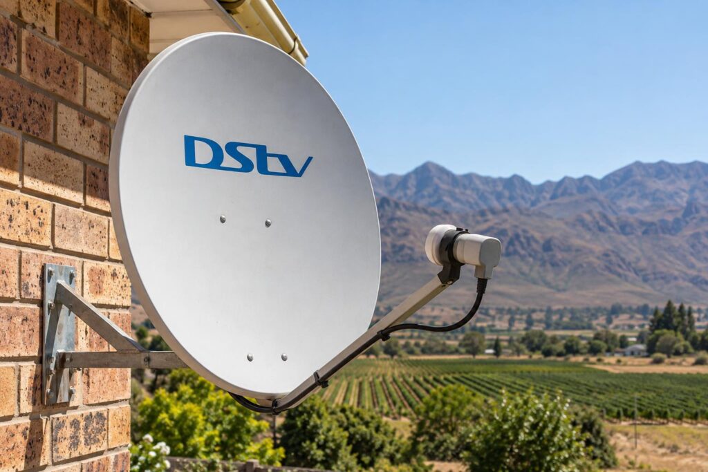 Weathered DStv dish and LNB lowering DStv signal strength on a valley farm