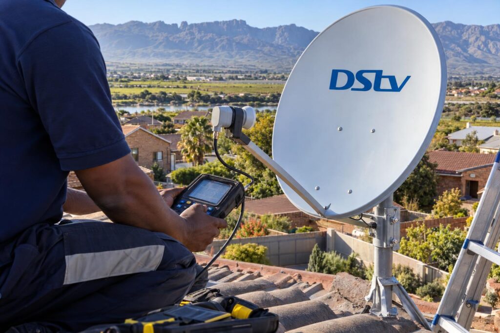 Signal meter test during a DStv signal repair visit on a Worcester roof