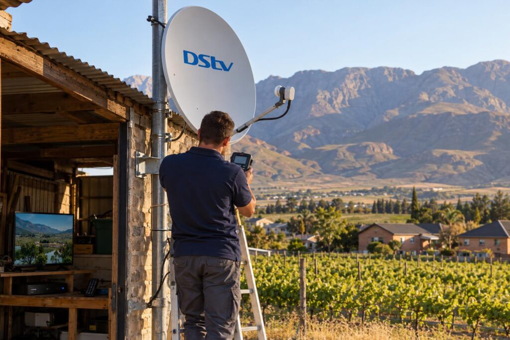 DStv Smart LNB price check: technician testing signal on a farm dish near Worcester