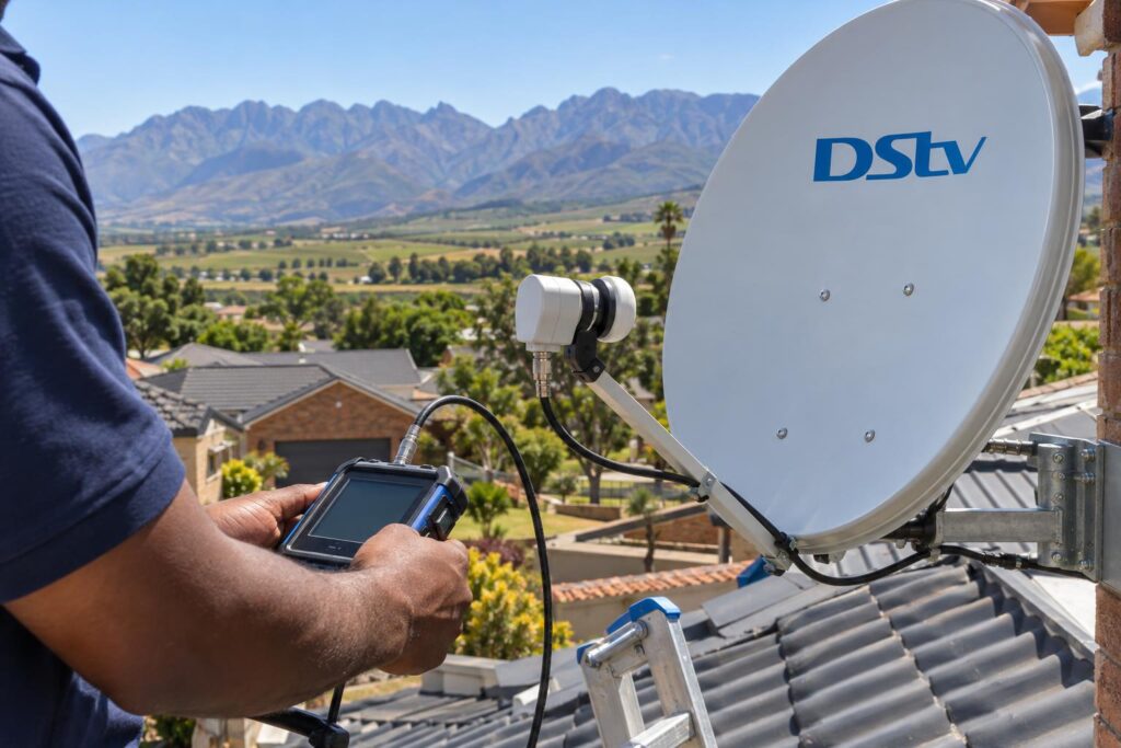 Technician checking signal with a meter on a Breede River Valley roof
