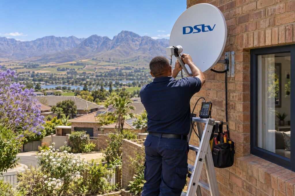 Technician aligning a dish so the full OpenView channels list comes through