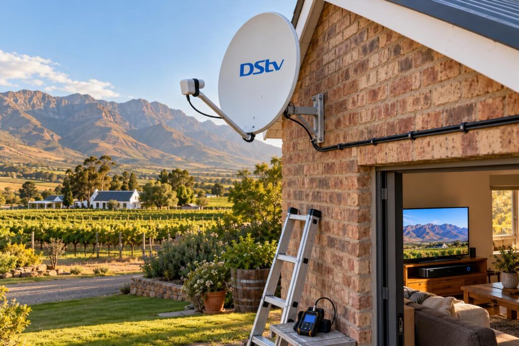 Satellite dish on a Breede River Valley farmhouse near Rawsonville for free TV