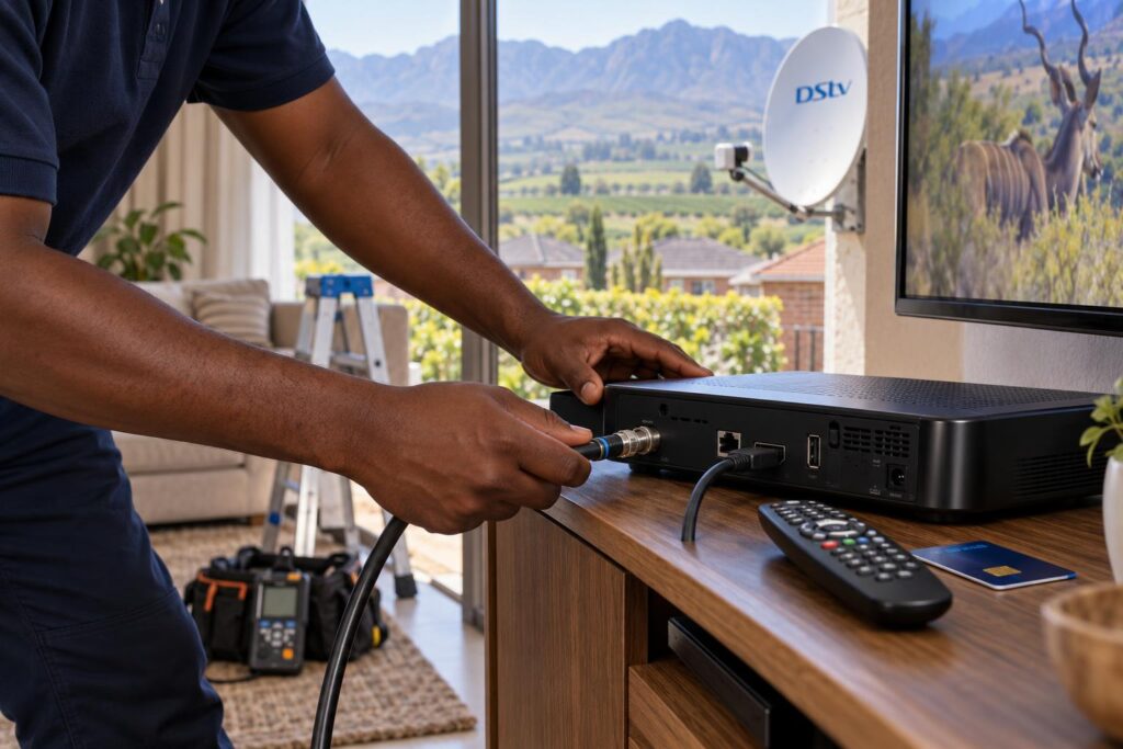 Connecting a DStv decoder to the dish cable at another house in the Breede River Valley
